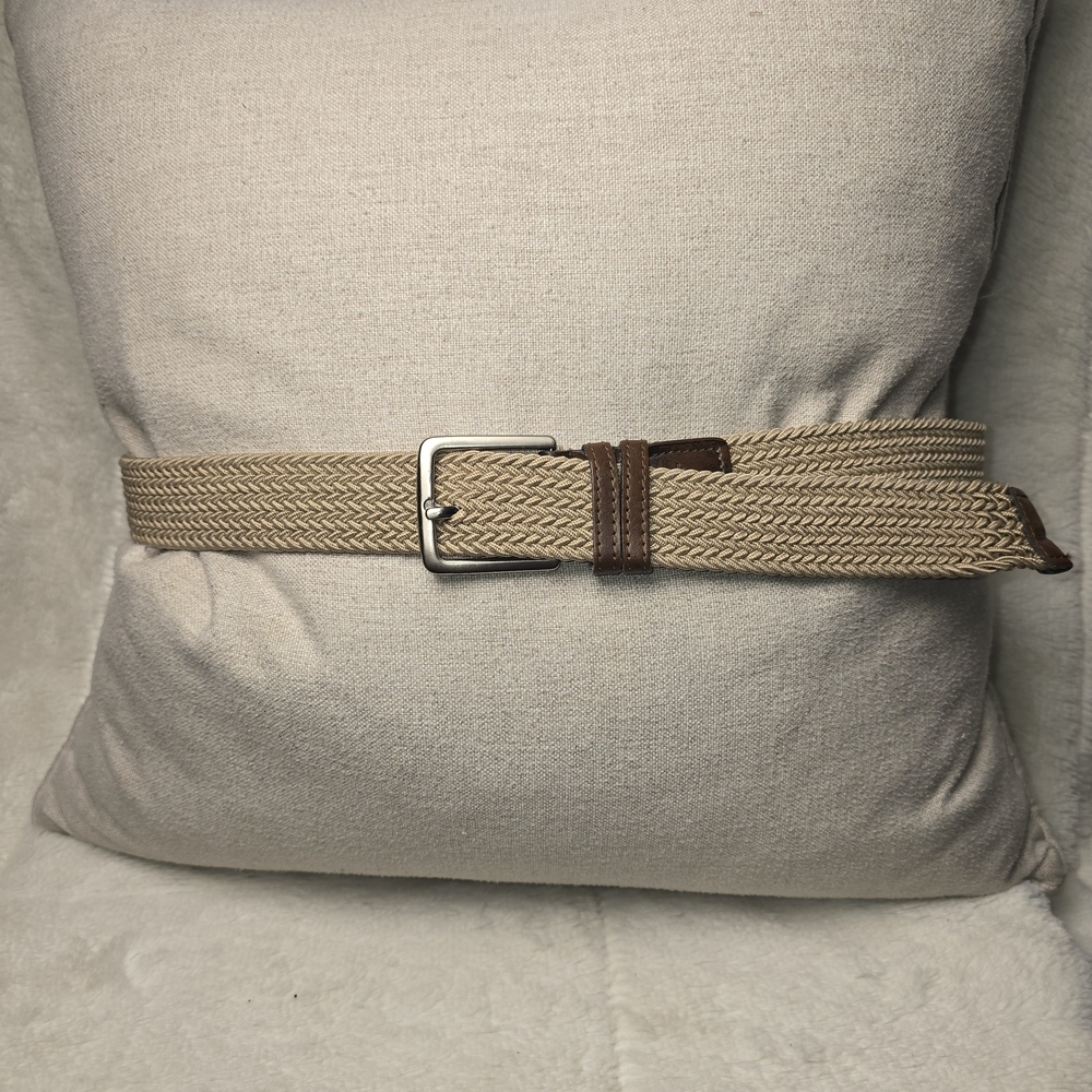 DOCKERS TAN CANVAS CLOTH BELT BROWN LEATHER ACCENTS MENS LARGE 38/40